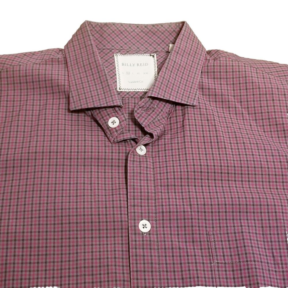 Billy Reid Shirt Men's Size Medium Red Gray Tattersal Check Plaid Standard Cut